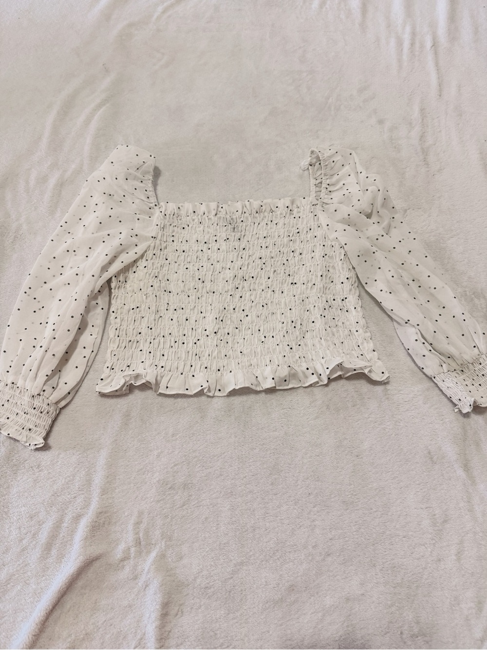 H&M White Smocked Square-Neck Polka Dot Crop Top